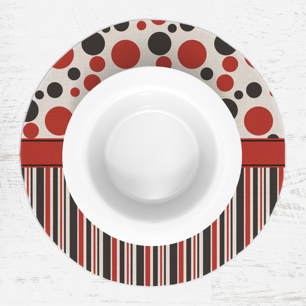 Red & Black Dots & Stripes Round Linen Placemats - LIFESTYLE (single)
