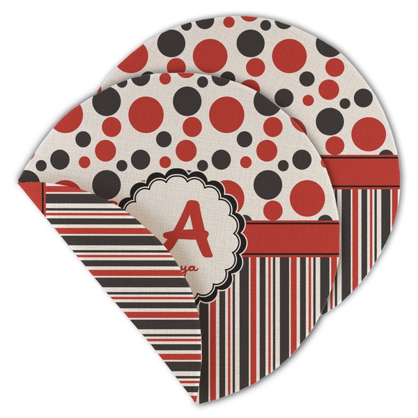 Custom Red & Black Dots & Stripes Round Linen Placemat - Double Sided (Personalized)