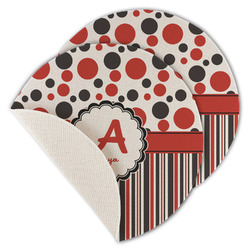 Red & Black Dots & Stripes Round Linen Placemat - Single Sided - Set of 4 (Personalized)