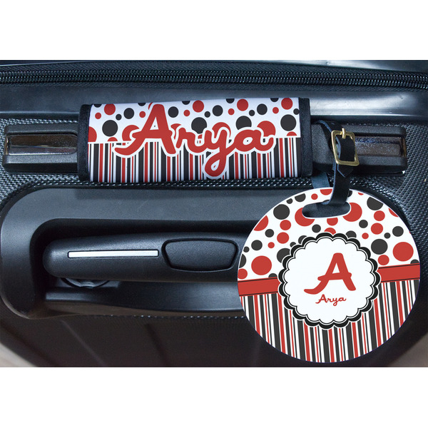 Red & Black Dots & Stripes Round Luggage Tag & Handle Wrap - In Context