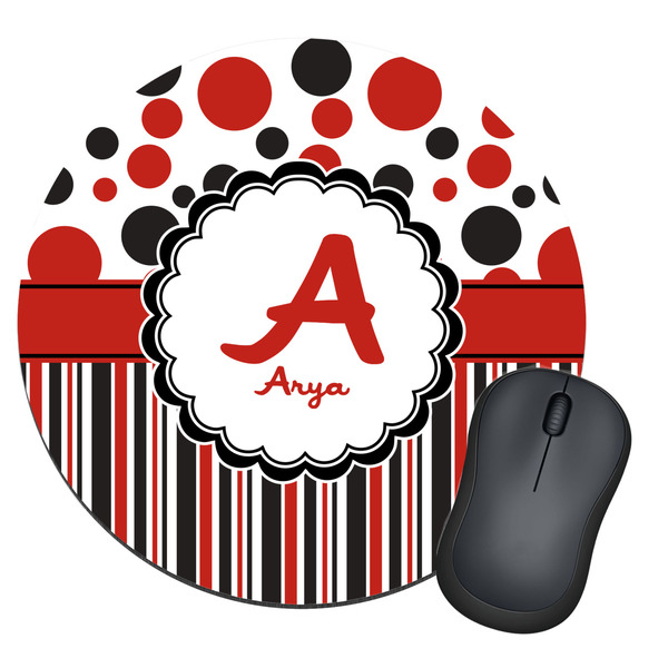 Custom Red & Black Dots & Stripes Round Mouse Pad (Personalized)