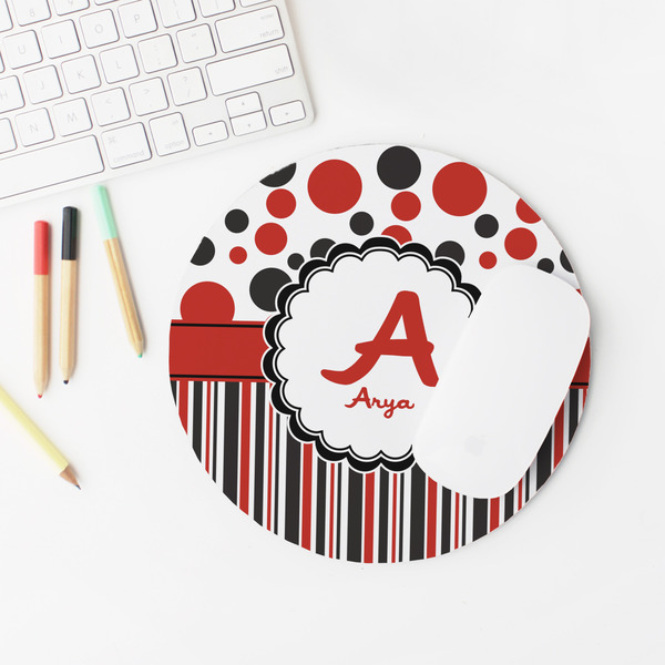 Red & Black Dots & Stripes Round Mousepad - LIFESTYLE 2