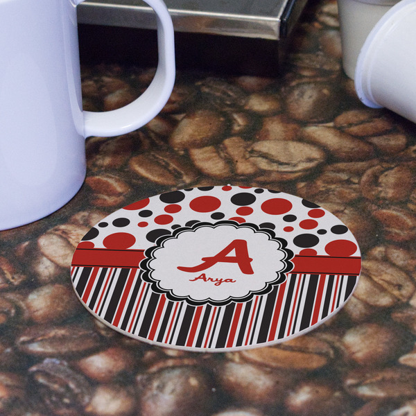 Red & Black Dots & Stripes Round Paper Coaster - Front