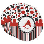 Red & Black Dots & Stripes Round Paper Coasters w/ Name and Initial