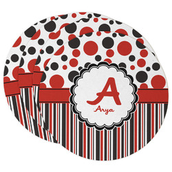 Red & Black Dots & Stripes Round Paper Coasters w/ Name and Initial