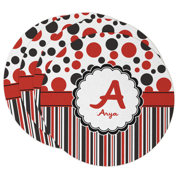 Custom Red & Black Dots & Stripes Round Paper Coasters w/ Name and Initial
