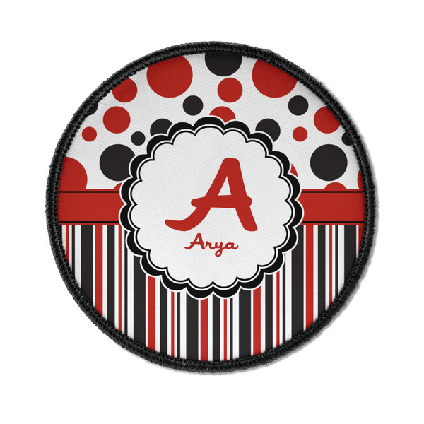 Custom Red & Black Dots & Stripes Iron On Round Patch w/ Name and Initial