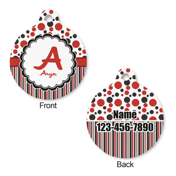 Red & Black Dots & Stripes Round Pet ID Tag - Large - Approval