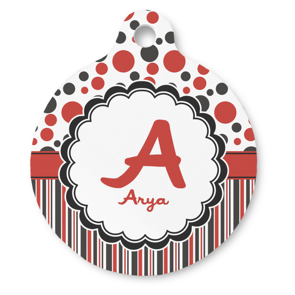 Custom Red & Black Dots & Stripes Round Pet ID Tag (Personalized)