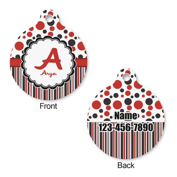 Red & Black Dots & Stripes Round Pet Tag - Front & Back