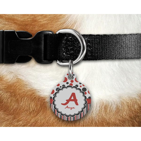 Red & Black Dots & Stripes Round Pet Tag on Collar & Dog