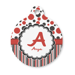Red & Black Dots & Stripes Round Pet ID Tag - Small (Personalized)