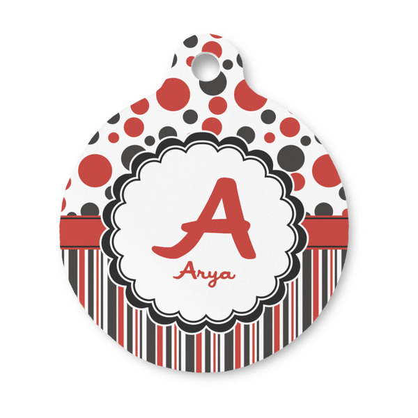 Custom Red & Black Dots & Stripes Round Pet ID Tag - Small (Personalized)