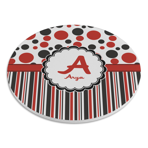 Red & Black Dots & Stripes Round Stone Trivet - Angle View