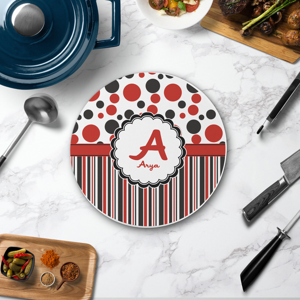 Red & Black Dots & Stripes Round Stone Trivet - In Context View