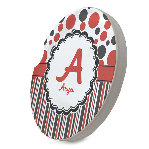 Red & Black Dots & Stripes Sandstone Car Coaster - STANDING ANGLE