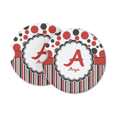 Red & Black Dots & Stripes Sandstone Car Coasters (Personalized)