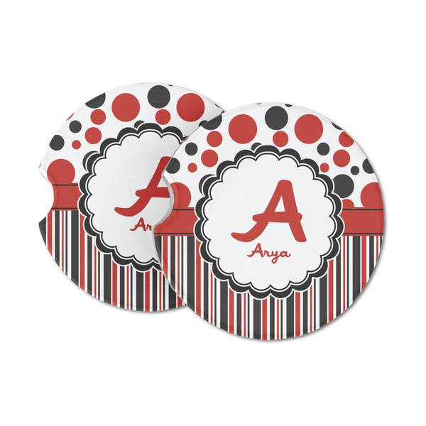Custom Red & Black Dots & Stripes Sandstone Car Coasters (Personalized)