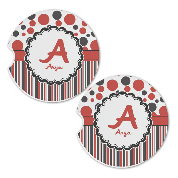 Red & Black Dots & Stripes Sandstone Car Coasters - Set of 2
