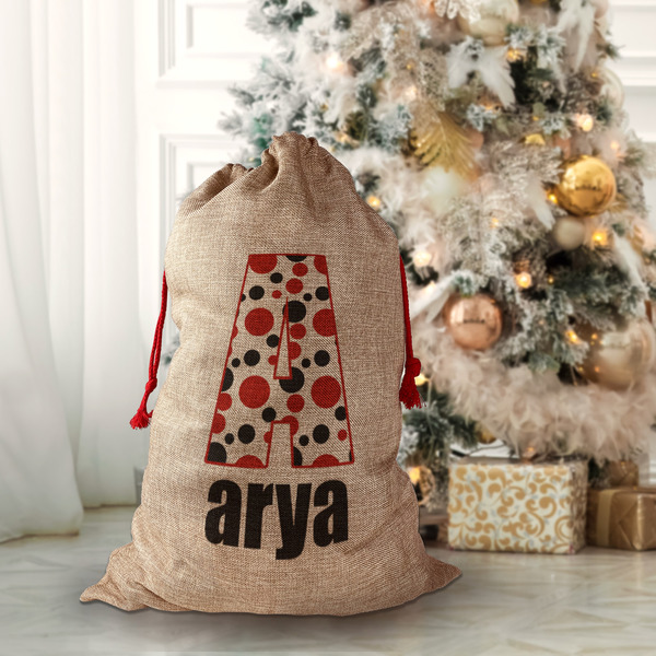 Red & Black Dots & Stripes Santa Bag - Front (stuffed)