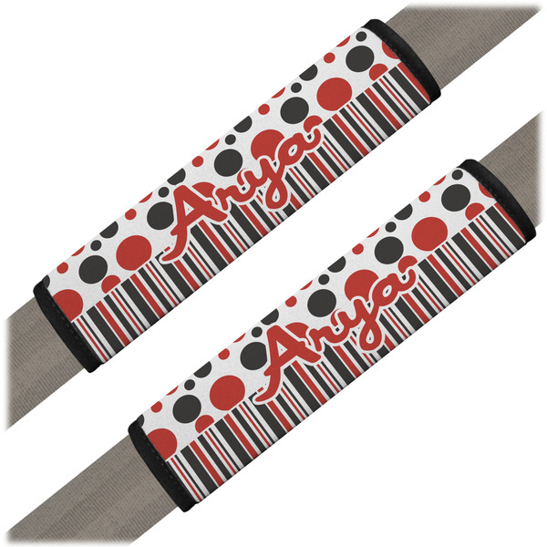 Custom Red & Black Dots & Stripes Seat Belt Covers (Set of 2) (Personalized)