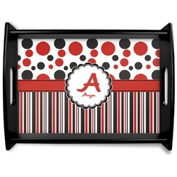 Red & Black Dots & Stripes Black Wooden Tray - Large (Personalized)