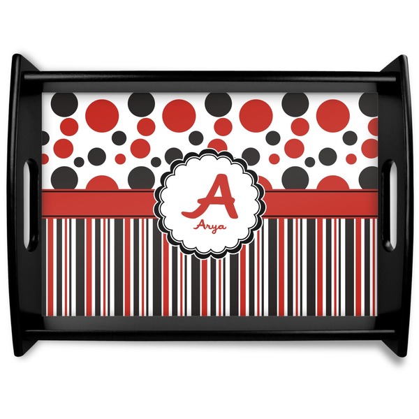 Custom Red & Black Dots & Stripes Black Wooden Tray - Large (Personalized)