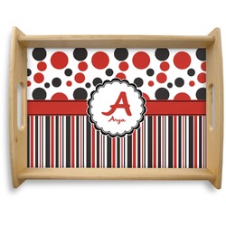 Red & Black Dots & Stripes Natural Wooden Tray - Large (Personalized)