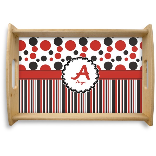 Custom Red & Black Dots & Stripes Natural Wooden Tray - Small (Personalized)