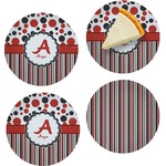 Red & Black Dots & Stripes Set of 4 Glass Appetizer / Dessert Plate 8" (Personalized)