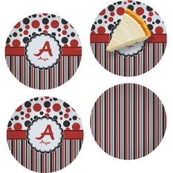 Red & Black Dots & Stripes Set of 4 Glass Appetizer / Dessert Plate 8" (Personalized)