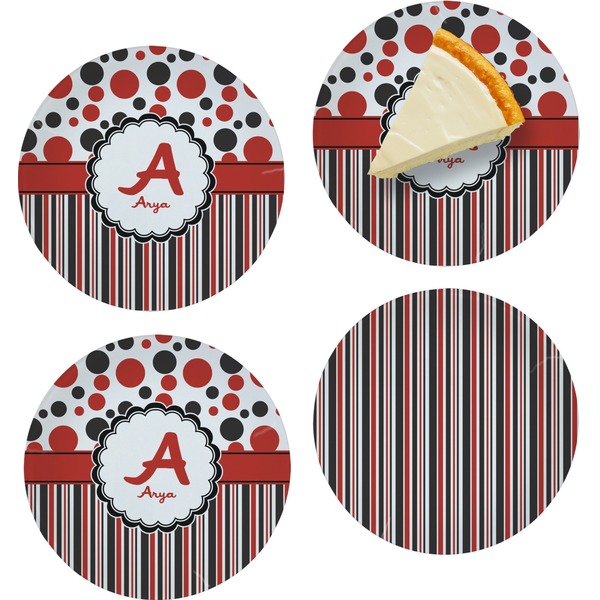 Custom Red & Black Dots & Stripes Set of 4 Glass Appetizer / Dessert Plate 8" (Personalized)