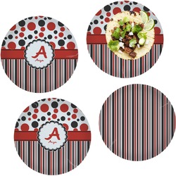 Red & Black Dots & Stripes Set of 4 Glass Lunch / Dinner Plate 10" (Personalized)