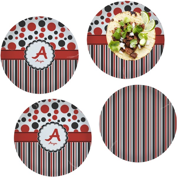 Custom Red & Black Dots & Stripes Set of 4 Glass Lunch / Dinner Plate 10" (Personalized)