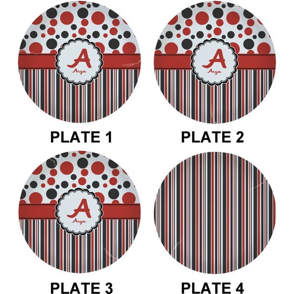 Red & Black Dots & Stripes Set of Lunch / Dinner Plates (Approval)
