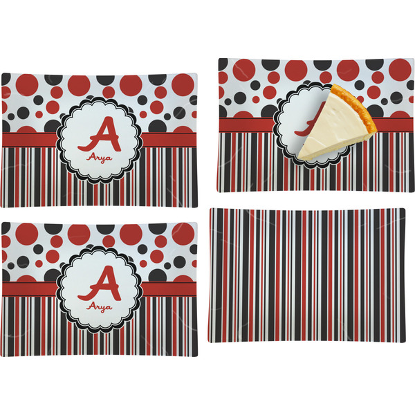 Custom Red & Black Dots & Stripes Set of 4 Glass Rectangular Appetizer / Dessert Plate (Personalized)