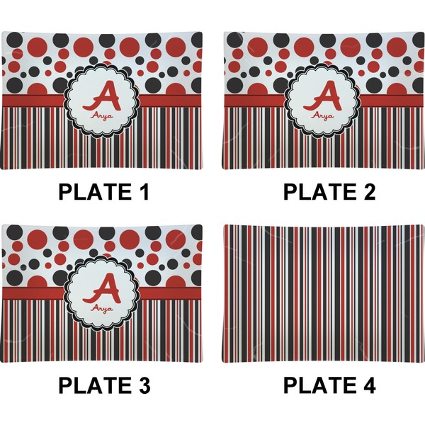 Red & Black Dots & Stripes Set of Rectangular Appetizer / Dessert Plates (Approval)