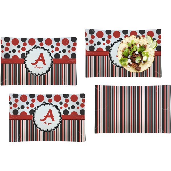 Custom Red & Black Dots & Stripes Set of 4 Glass Rectangular Lunch / Dinner Plate (Personalized)