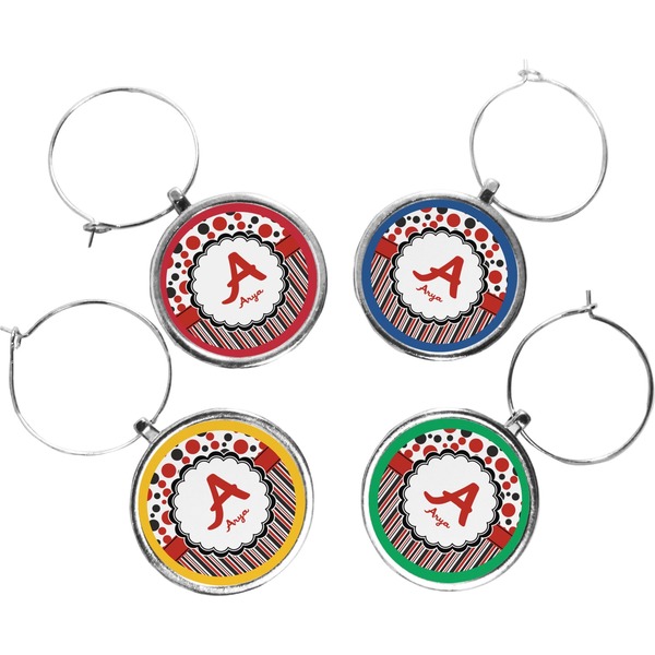 Custom Red & Black Dots & Stripes Wine Charms (Set of 4) (Personalized)