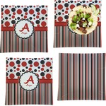 Red & Black Dots & Stripes Set of 4 Glass Square Lunch / Dinner Plate 9.5" (Personalized)