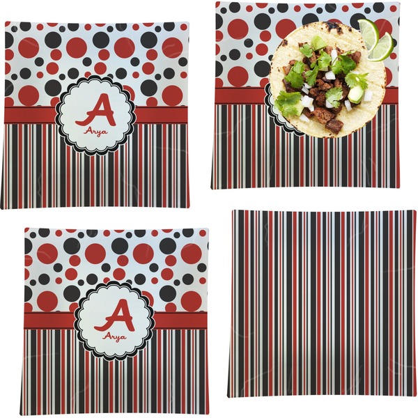 Custom Red & Black Dots & Stripes Set of 4 Glass Square Lunch / Dinner Plate 9.5" (Personalized)