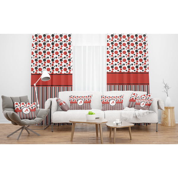 Red & Black Dots & Stripes Sheer and Custom Curtains in Room with Matching Pillows