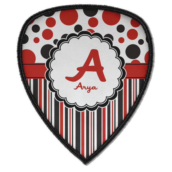 Custom Red & Black Dots & Stripes Iron on Shield Patch A w/ Name and Initial