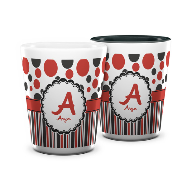 Custom Red & Black Dots & Stripes Ceramic Shot Glass - 1.5 oz (Personalized)