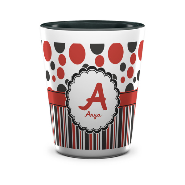 Custom Red & Black Dots & Stripes Ceramic Shot Glass - 1.5 oz - Two Tone - Set of 4 (Personalized)