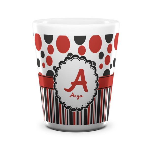 Custom Red & Black Dots & Stripes Ceramic Shot Glass - 1.5 oz - White - Set of 4 (Personalized)
