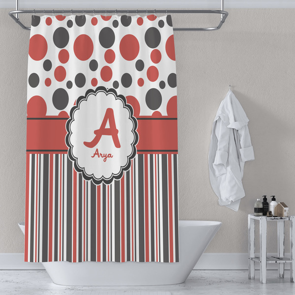 Red & Black Dots & Stripes Shower Curtain Lifestyle