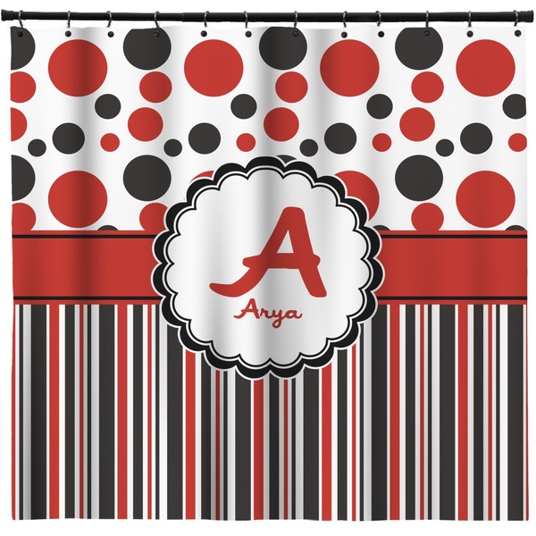 Custom Red & Black Dots & Stripes Shower Curtain (Personalized)
