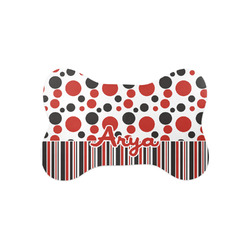 Red & Black Dots & Stripes Bone Shaped Dog Food Mat (Small) (Personalized)