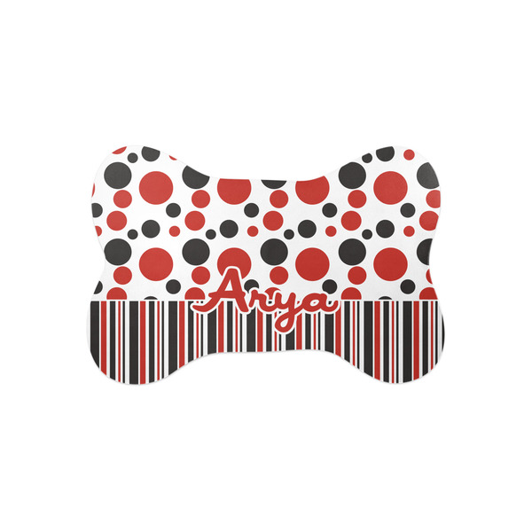 Custom Red & Black Dots & Stripes Bone Shaped Dog Food Mat (Small) (Personalized)